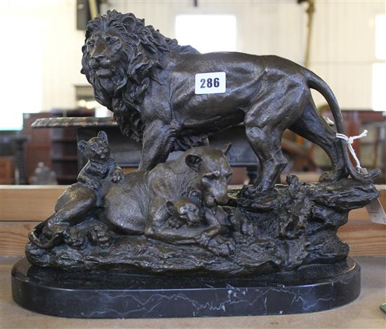 After Barye - bronze group, Lion Family, on oval marble plinth base